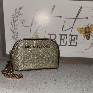 New M. Michael Kors Sparkling Gold Leather Giftables Key Fob Mini Coin Pouch